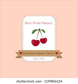 Ripe red cherries on white background and pastel pink wallpaper. Tag or label design for premium and best quality organic cherry and all fruit products. Vector art by hand drawn illustration.