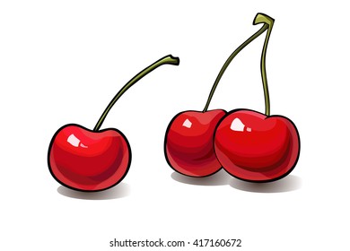 Ripe red cherry berries isolated on white background. Vector.
