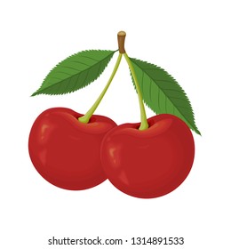 Ripe red cherry berries with leaves for design isolated on white-Vector.