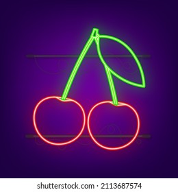 Ripe red cherry berries with leaves neon icon. Vector stock illustration.