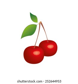 Ripe red cherry berries with leaves. Vector.