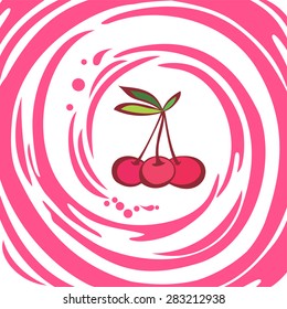 Ripe red cherry berries with leaves isolated on White background. Pink juice splash.  Vector Illustration