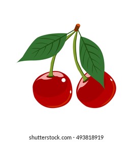Ripe red cherry berries with leaves. Vector illustration