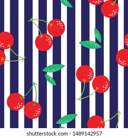 Ripe Red Cherry Berries With Pattern Seamless blue background,Vector illustration.