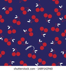 Ripe Red Cherry Berries With Pattern Seamless blue background,Vector illustration.