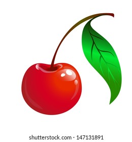 ripe red cherry with a green leaf on a white background