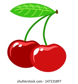 ripe red cherry with a green leaf on a white background
