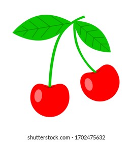 Ripe red cherry with a green leaves on white background. Vector illustration.