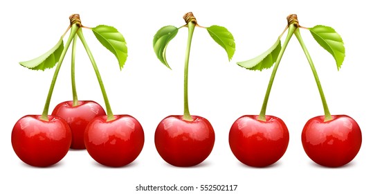 Ripe red cherry with leaves. Three, one and tow cherries. Fully editable handmade mesh. Vector illustration.