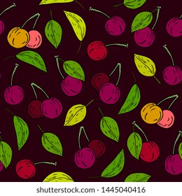 ripe red  cherry seamless pattern. Vector drawing. Isolated sketch. Summer fruit background. abstract hand drawn vegetarian food. Great for textile, wrapping, wallpapers,, tea or juice label, print  