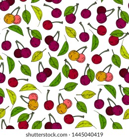 ripe red  cherry seamless pattern. Vector drawing. Isolated sketch. Summer fruit background. abstract hand drawn vegetarian food. Great for textile, wrapping, wallpapers,, tea or juice label, print  