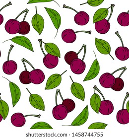 ripe red  cherry seamless pattern. Vector drawing. Isolated sketch. Summer fruit background. abstract hand drawn vegetarian food. Great for textile, wrapping, wallpapers,, tea or juice label, print 