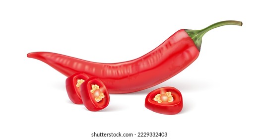 Ripe red chili pepper with chili slice of pieces elements isolated on white background, Vector realistic in 3D illustration.