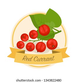 Ripe red currant with name vector illustration. Organic jam tag. Eco juice circle sticker. Berry flavoured product label, logo. Summer seasonal harvest. Farming, agriculture. Raw fruit cartoon clipart