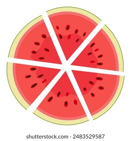 Ripe red cut segmented watermelon top view. Hand drawn Trendy flat style isolated cut fruit organic natural dessert, healthy sweet red juicy Sliced melon summer fruit. Vector illustration