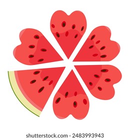 Ripe red cut segmented watermelon top view, heart-shaped pieces Hand drawn Trendy flat style isolated organic natural dessert, healthy sweet red juicy Sliced melon summer fruit. Vector illustration