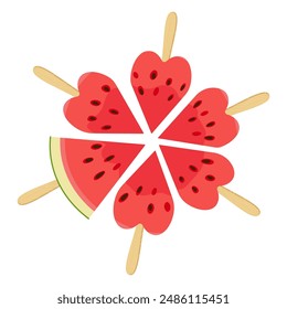 Ripe red cut segmented watermelon on wooden stick. top view, heart-shaped pieces Hand drawn flat style organic natural dessert, healthy sweet red juicy Sliced melon summer fruit. Vector illustration