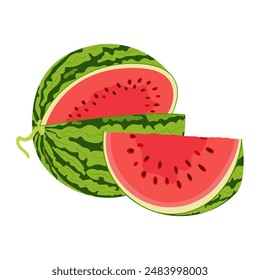 Ripe red cut watermelon and slice cut from watermelon. Hand drawn Trendy flat style isolated cut fruit organic natural dessert, healthy sweet red juicy summer fruit. Vector illustration