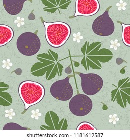 Ripe red figs and half-cut figs seamless pattern. Red figs with leaves and flowers on shabby background. Original simple flat illustration. Shabby style.