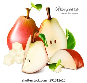 Ripe red pears with leaves and slices. Vector illustration.