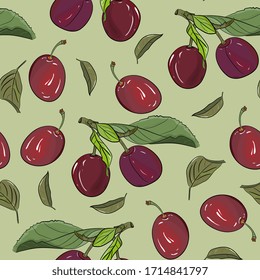 Ripe red plum seamless pattern. Summer berry background with berries. vector illustration, hand-drawing.