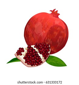 Ripe red pomegranate and slices isolated on white. Whole, slices and skinned. Side view. Close up. vector illustration. for cooking, cosmetics, Herbal medicine, health care, ointments, perfumery