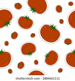 Reife rote verstreute Tomaten, nahtloses Muster auf weiß. Einfaches und flaches, handgezeichnet entworfenes Design. Eignet sich für Verpackung, Verpackung, Boxen. Großartig als Hintergrund, Banner oder Stoff.