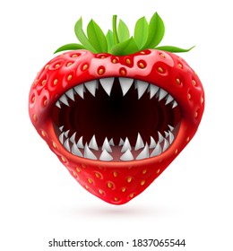 Ripe Red Strawberries Character Monster for Halloween with Jaw Shark. Concept of the Autumn Holiday Fruit on a White Backdrop