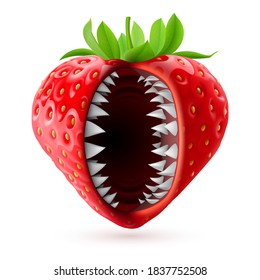 Ripe Red Strawberries Character Monster for Halloween with Jaw Shark. Concept of the Autumn Holiday Fruit on a White Background