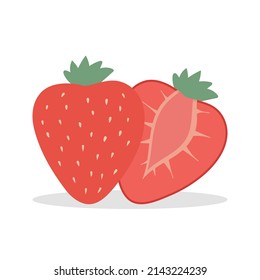 Ripe red strawberries and half a strawberry. Isolated on white background.