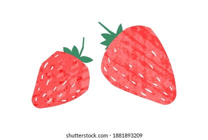 Ripe red strawberries vector flat illustration. Hand drawn fresh sweet berries isolated on white background. Organic seasonal edible fruit. Tasty juicy garden plant