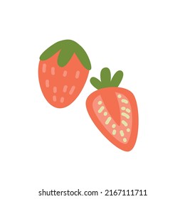 Ripe red strawberries vector flat illustration. Hand drawn fresh sweet berries isolated on white background. Organic seasonal edible fruit. Tasty juicy garden plant