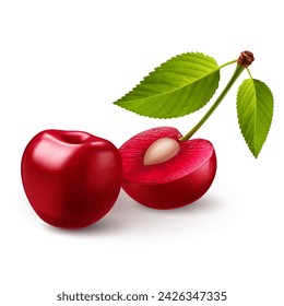 Ripe red sweet cherries with smooth skin, green leaves, juicy light red flesh, and small pits