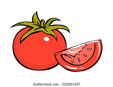 Reife rote Tomate mit Blättern. Ein Stück Gemüse. Nützlich leckeres Gemüse. Gesunde Ernährung. Landwirtschaftliche Ernte. Cartoon, Vektorgrafik, einzeln auf weißem Hintergrund. Handgezeichnete Skizze