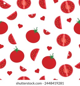 Ripe red tomato  Whole tomato with leaves, half tomato, tomato slice  seamless pattern. 