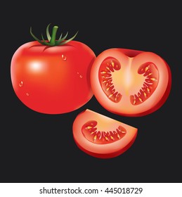 Ripe red tomatoes isolated on black background.
