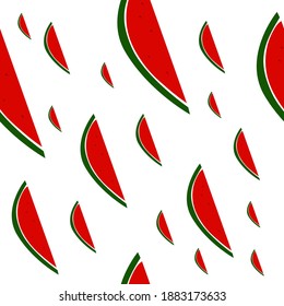 Cortes de sandía rojas maduras en un patrón impecable en blanco. Diseño sencillo y plano a mano. Trajes para embalaje, envasado, boxeo. Excelente como fondo, pancarta o tela.
