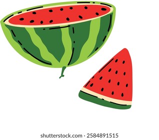 Ripe red watermelon, whole and sliced. Pictures on a plain white background are a useful fruit. A doodle-style sticker