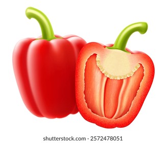 Ripe red whole bell pepper and bell pepper cut in half, isolated on white background. Realistic 3D vector illustration, object in macro closeup for natural food cuisine