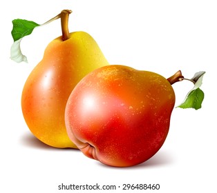 Peras rojas y amarillas maduras con hojas. ilustración vectorial.