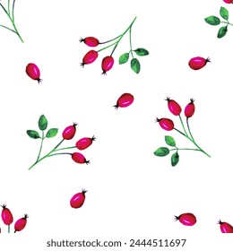 Ripe rose hips. Seamless pattern on a white background. Wallpaper, background, fabric, wrapping paper.
