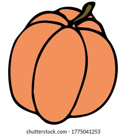  Ripe round pumpkin stock vector illustration. Orange pumpkin isolated on white background. Cartoon pumpkin. For cards, posters, decoration, print etc.Thanksgiving, Harvest and Halloween 