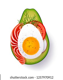 Ripe slice of avocado with boiled egg, tomato, seasoning, dill and piece fish. Vector illustration