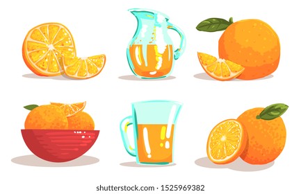 Ripe Sliced Oranges and Jug of Fresh Juice Set Vector Illustration