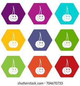 Ripe smiling cherry icon set many color hexahedron isolated on white vector illustration