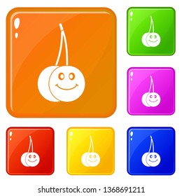 Ripe smiling cherry icons set collection vector 6 color isolated on white background