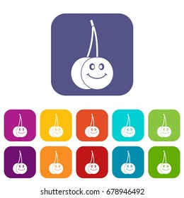 Ripe smiling cherry icons set vector illustration in flat style In colors red, blue, green and other