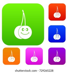 Ripe smiling cherry set icon color in flat style isolated on white. Collection sings vector illustration