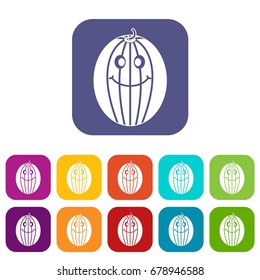 Ripe smiling melon icons set vector illustration in flat style In colors red, blue, green and other