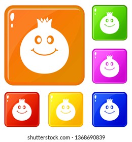 Ripe smiling pomegranate fruit icons set collection vector 6 color isolated on white background